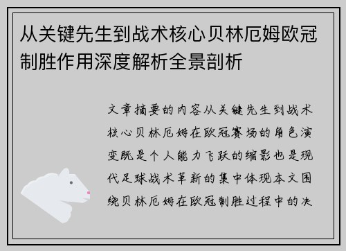 从关键先生到战术核心贝林厄姆欧冠制胜作用深度解析全景剖析 从关键先生到战术核心贝林厄姆欧冠制胜作用深度解析全景剖析