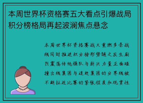 本周世界杯资格赛五大看点引爆战局积分榜格局再起波澜焦点悬念 本周世界杯资格赛五大看点引爆战局积分榜格局再起波澜焦点悬念
